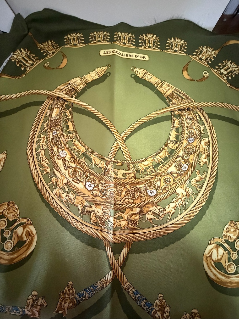 Hermes Les Cavaliers D'Or Green & Gold Silk Scarf